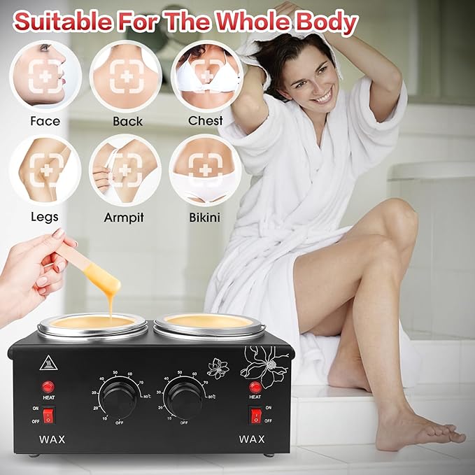 1.2L Double Wax Warmer Machine Wax Pot for Hair Removal, Professional Electric Wax Heater with Adjustable Temperature Set for Women Men with 40PCS Wooden Wax Sticks and Two Silicone Bowls