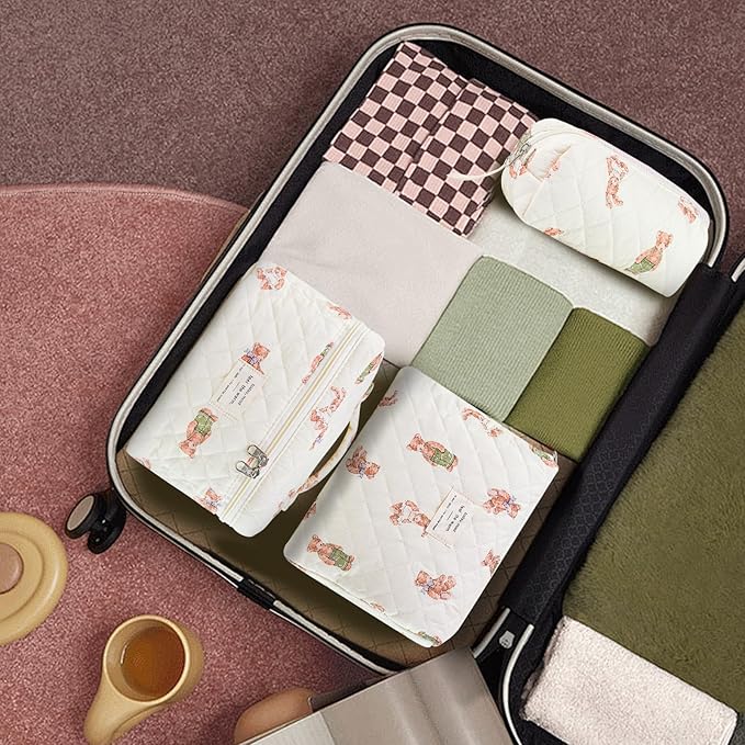 3Pcs Makeup Bag Cotton Quilted Travel Cosmetic Bag Cute Floral Makeup Pouch Large Toiletry Bag for Women Girls