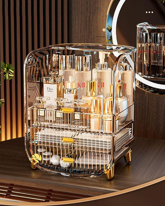 Makeup Organizer, Large Capacity Cosmetics Makeup Organizer for Vanity, Dustproof Waterproof Cosmetics Display Case with Drawers for Skincare, Lipstick, Brushes and Jewelry (Clear)