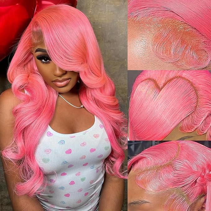 26 Inch Pink Human Hair Wig 13x4 Body Wave HD Lace Front Wigs Human Hair Pre Plucked Color Wigs Human Hair 200 Density Pink Lace Frontal Wig Glueless Wigs for Women