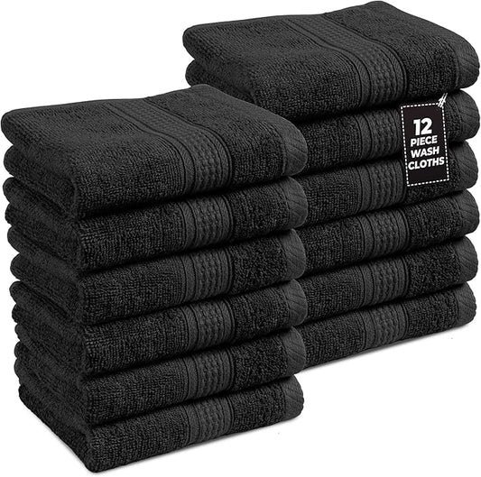 LANE LINEN 100% Cotton Washcloths 12 Pack - Spa & Salon Quality Face Cloths - Ring Spun, Soft & Absorbent Wash Cloths for Body, Beauty, Home, Gym - Fingertip Towels Set- 13"x13", Black Towels Set