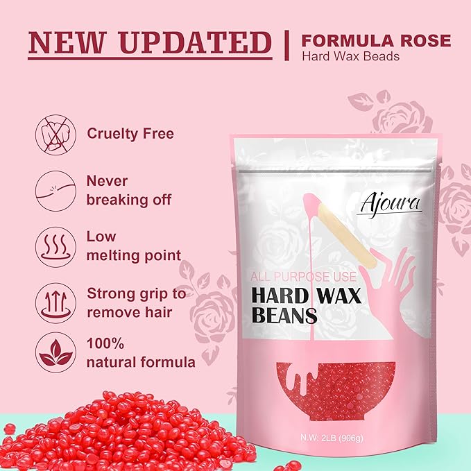 Ajoura 2 lb Hard Wax Beads, All-purpose Wax Beans for Sensitive Skin, Large Area Coarse Hair Removal, Refill Bag for Brazilian Bikini, Face, Eyebrows, Underarms, Arms, Chest, Back, Legs, Women Men