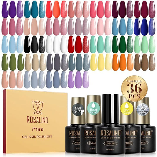 ROSALIND 36 PCS Gel Nail Polish Set-32 Colors Gel Polish Kit Base Coat Glossy Matte and Glitter Top Coat Nail Polish Set Green Blue Red Pink Collection Gifts for Women
