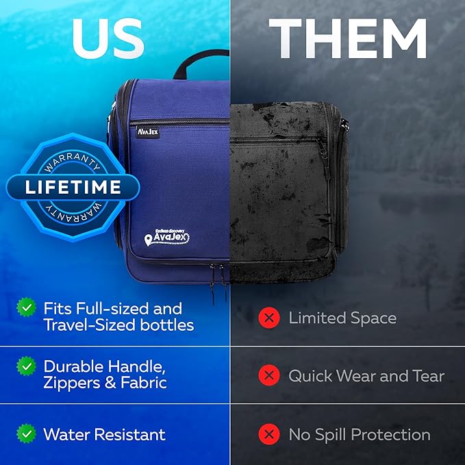 AvaJex Extra Large Hanging Travel Toiletry Bag for Men and Women - Cosmetic Travel Bag With Shoulder Strap - Waterproof Hygiene Bag with Metal Xxl Swivel Hook and 19 Compartments for Toiletries