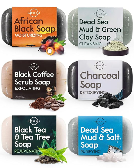 O NATURALS 6 PCS Black Soap - Women & Men's Bar Soap, Father's Day Gifts, Men's Soap Bar, African Black Soap w/Moisturizing Shea Butter, Charcoal Soap, Organic & Natural Soap for Men & Women, 4oz