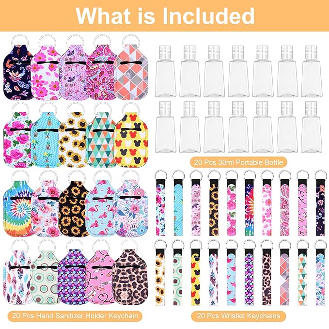 Empty Hand Sanitizer Holders Set 60pcs, Include 20 Portable Refillable Travel Bottle Container with Flip Cap, 20 Reusable Bottle Holders, 20 Wristlet Keychain