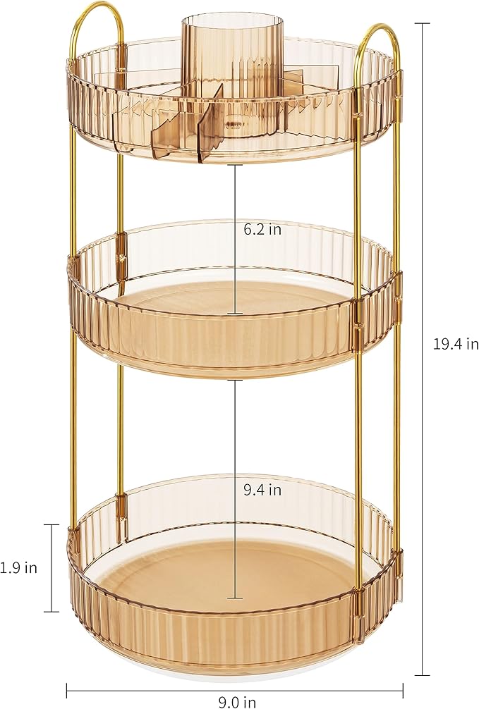 HBlife 360 Rotating Makeup Organizer, 3 Tier Perfume Organizer Skincare Organizer Large Capacity Cosmetic Storage for Bathroom, Vanity, Countertop, Glod