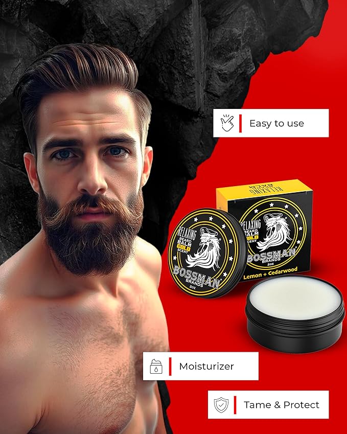 Bossman Relaxing Beard Balm for Men (Gold Scent) – Tames, Relaxes, Thickens & Softens for Ultimate Beard Care – Made in USA