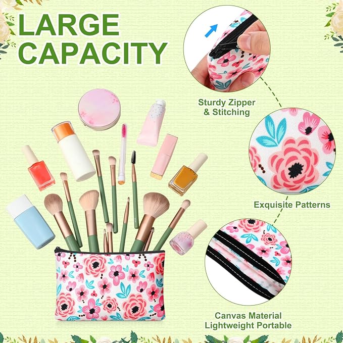 24 Pieces Makeup Bags Bulk Canvas Cosmetic Bags Purse Organizer Zipper Cosmetic Pouch Portable Travel Toiletry Pouch for Women Men Gifts, 7 x 4 Inch (Flower)