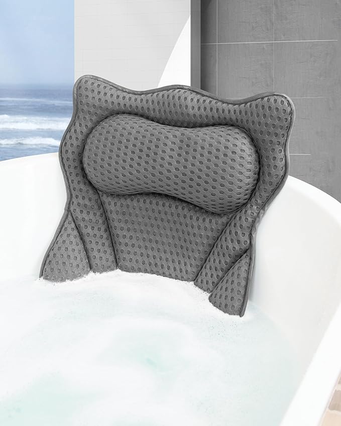 Bath Pillow, Bath Pillows for Tub Neck and Back Support, Soft 4D Air Mesh Bathtub Pillow 16.5 x 17.3 INCH, with 6 Powerful Suction Cups, Bath Accessories Relaxing Gifts for Women (Grey)