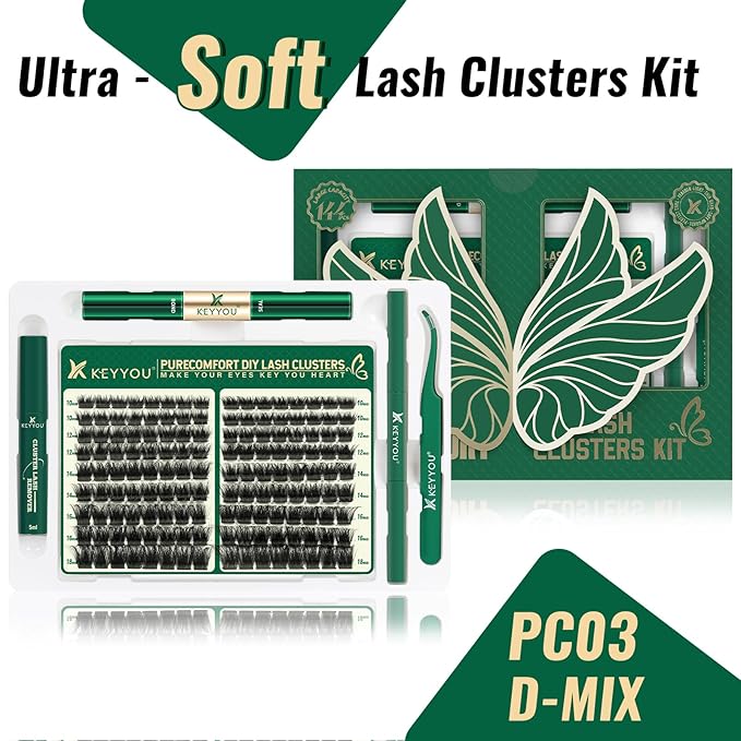 Lash Extension Kit 144pcs Thick Super Soft Lash Clusters,10-18mm D Curl Individual Lashes Kit with Bond and Seal Applicator and Brush Remover Easy to DIY at Home（PC03Kit-D-10-18MIX）