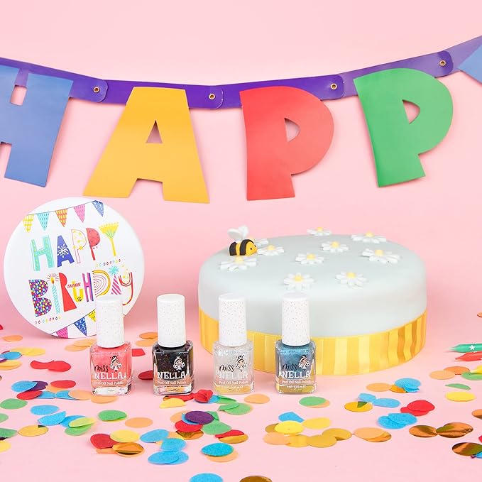 Miss Nella PARTY COLLECTION Glitter Nail Polish for kids, set of 4: black, clear, blue & coral Peel-off varnish for toddlers