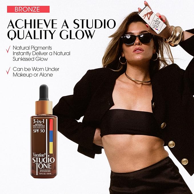 Vacation Studio Tone SPF 50 Sunscreen Bronzing Drops For Face, Sunkissed Skin Bronzer, Makeup-Friendly Tan Drops, Non-Comedogenic, Broad Spectrum Sun Block, Vegan & Cruelty-Free, 1 Fl. Oz.