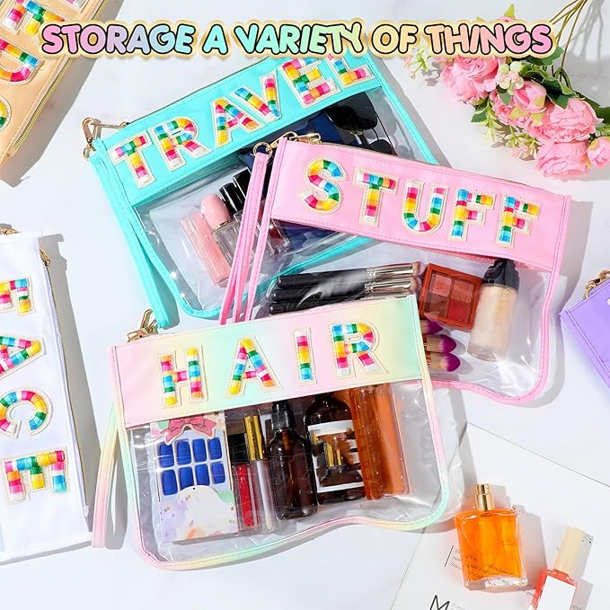 Abbylike 6 Pcs Chenille Letter Clear Zipper Pouch Summer Waterproof Cosmetic Pouch Travel Gym Beach Hawaii Bag Travel Patch Purse Makeup Letter Bag for Women Girls, 6 Colors(Light Colors,Classic)