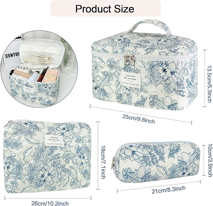 3Pcs Cotton Quilted Makeup Bag for Women Girls, Large Floral Cosmetic Bag Set Cute Makeup Brushes Aesthetic Accessories Storage Bag Flower Travel Toiletry Bag Organizer