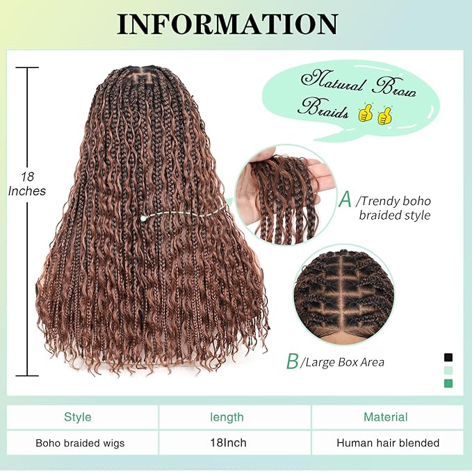 18" 13x8 Inch HD Lace Front Boho Box Braided Wigs With Cruls Ends Short Knotless Box Braid Wig for Women Full Braided Lace Front Wig With Baby Hair Brown Natural Color
