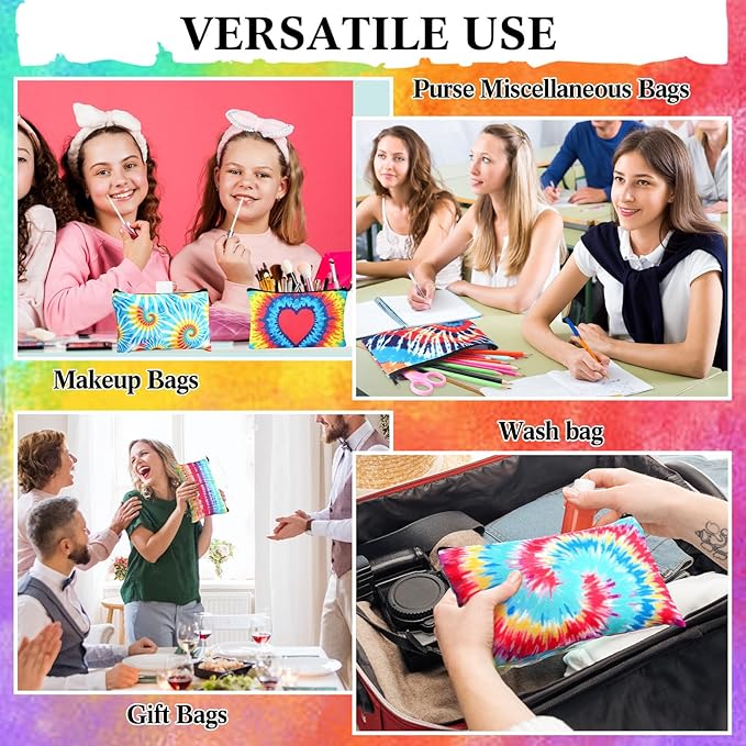 24 Pieces Makeup Bags Bulk Canvas Cosmetic Bags Purse Organizer Zipper Cosmetic Pouch Portable Travel Toiletry Pouch for Women Men Gifts, 7 x 4 Inch (Tie-dye)