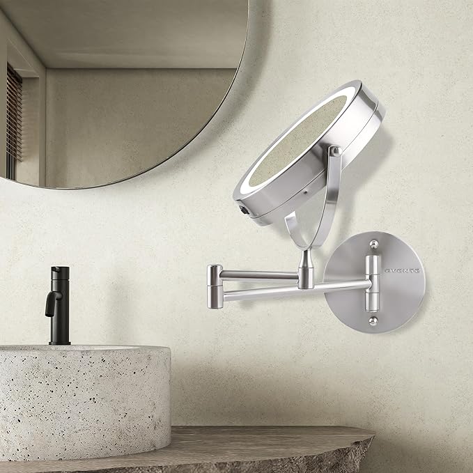OVENTE 7" Lighted Wall Mount Makeup Mirror with 1X/10X Magnification, Cordless Double Sided Magnifying Round Vanity Mirror, 360° Swivel Design, Extendable and Folding Arm, Nickel Brushed MFW70BR1X10X