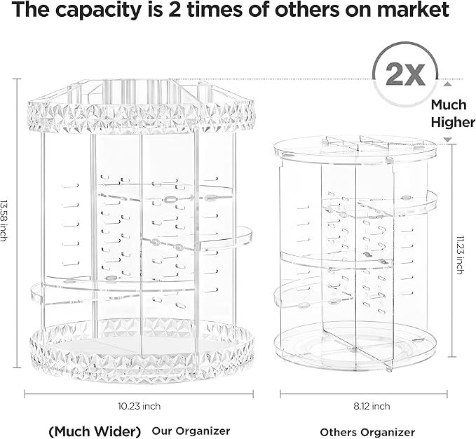 HBlife 360 Rotating Makeup Organizer Adjustable Carousel Diamond Large Capacity Revolving Perfume Organizer Skincare Organizers Cosmetic Storage Spinning Holder for Vanity, Plus Size Clear