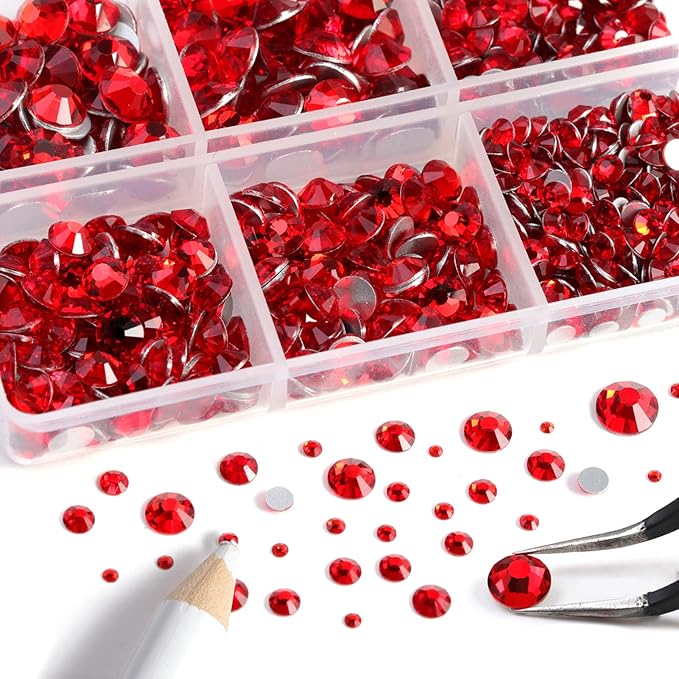 Beadsland 8300PCS Flatback Rhinestones, Light Red Rhinestone Round Crystal Rhinestones for Crafts, Mixed 10 Sizes with Wax Pencil and Tweezer Kit, SS3-SS30, Light Siam