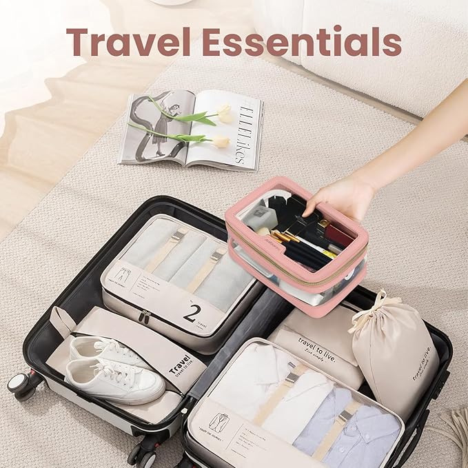 Clear Makeup Bag, Travel Clear Cosmetic Bag and Makeup Brush Bag, Transparent Portable Makeup Case, Waterproof Toiletry Bag with Zipper for Women, Pink