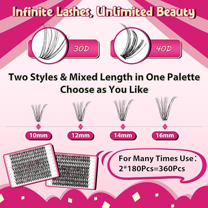 DIY Lash Extension Kit Lash Clusters Kit with 360 Pcs Individual Lashes Lash Bond and Seal Overnighter Sealer Lash Remover Eyelash Applicator Lash Brush for Beginner(30D+40D-D-10-16mix Kit)