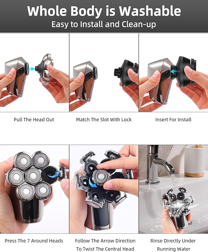 Head Shavers for Bald Men,7D Detachable Electric Bald Head Shaver,5-in-1 Dry Wet Bald Head Shavers for Men,IPX7 Waterproof Electric Razor for Men with Led Display, Argent