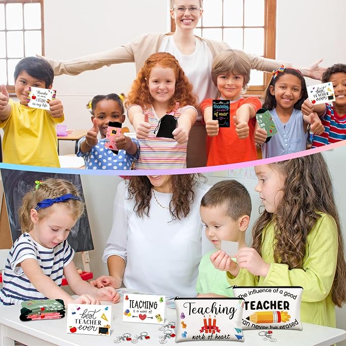 Eaasty 36 Pcs Bulk Teacher Appreciation Gifts Set Teacher Makeup Bag Pouch Cosmetic Pencil Bag Teacher Keychains Inspirational Notebooks Teacher Appreciation Socks Graduation Gift for Teacher