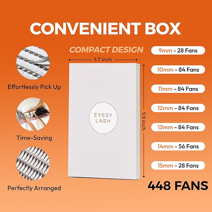 448 Narrow Promade Fans - 10D 0.07mm Thickness D Curl 9-15mm Mixed Lengths - Mega Volume Eyelash Extension Long Stem Narrow Premade Lash Fans Fluffy Pre Made Eyelash Extension Trays