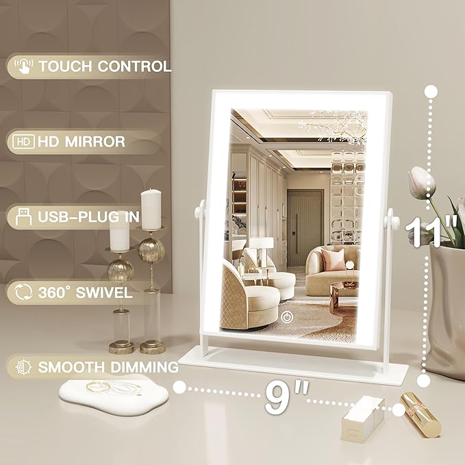 11x9 Inch Hollywood Vanity Mirror, Dimmable Lighting, Smart Touch & Dual Power Supply, Portable 360° Rotating Makeup Mirror for Travel, Home
