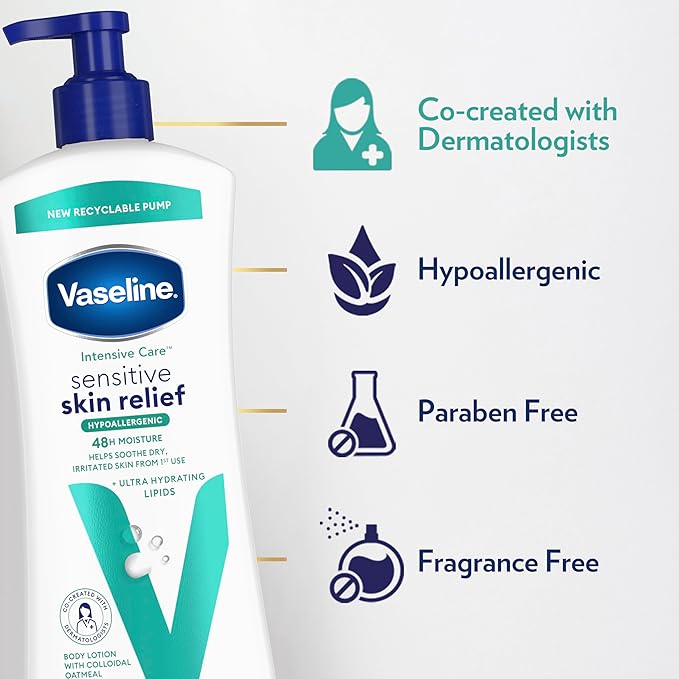 Vaseline Intensive Care Body Lotion 4 Pack Sensitive Skin Relief For Dry Skin With Colloidal Oatmeal and Ultra-Hydrating Lipids 20.3 oz