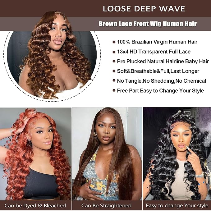 32 Inch Loose Deep Wave Lace Front Wigs Human Hair Brown 13x4 Hd Lace Front Wigs Human Hair Pre Plucked 180% Density Chocolate Brown Loose Wave Frontal Wigs Glueless With Baby Hair
