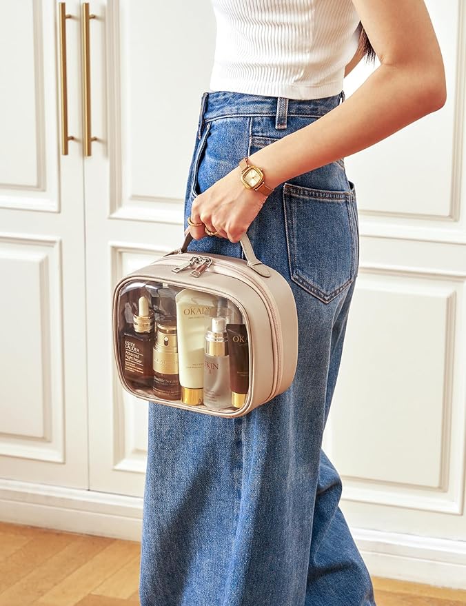 Clear Cosmetic Bag Double Layer 4 Compartments Travel Toiletry Bag Clear Makeup Bag Case with Zipper Transparent Travel Bag for Toiletries, TSA Approved, Gift for Women Girls (Stone)