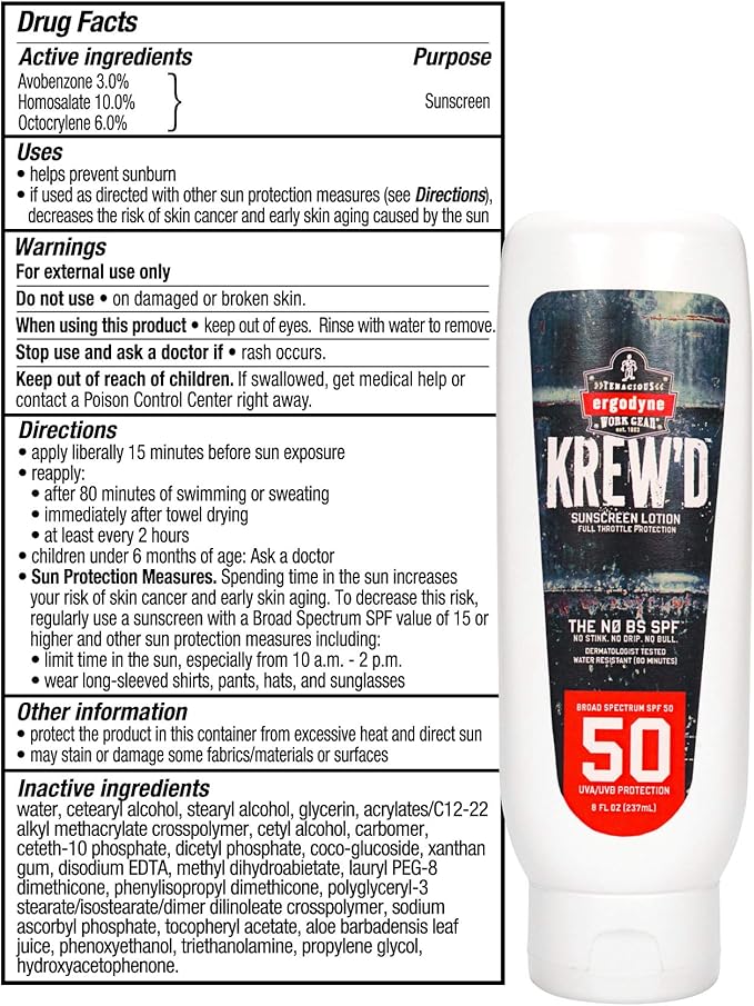Ergodyne KREW'D 6351 Sunscreen Lotion, Broad Spectrum, SPF 50, 8 oz