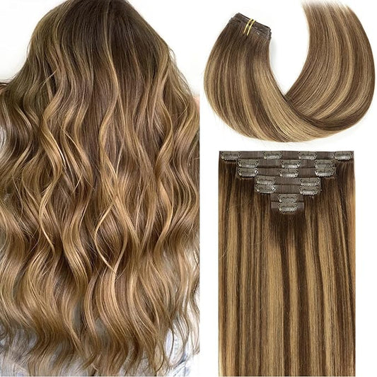 Loxxy Seamless Extensions Clip in Human Hair 20inch 110G 7Pcs Chocolate Brown to Caramel Blonde With Brown Roots Thick Blonde Natural Remy Real Hair Extensions Clip in Human Hair Invisible Tape Weft