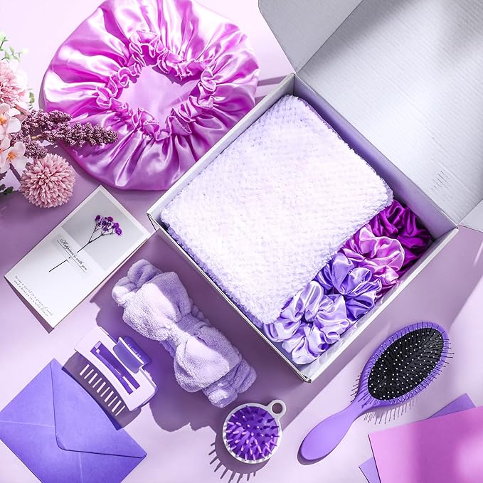 Sawysine 12 Pcs Gift Basket for Women Hair Care Spa Accessories Set Preppy Women's Birthday Mother's Day Gift Stuff(Purple)