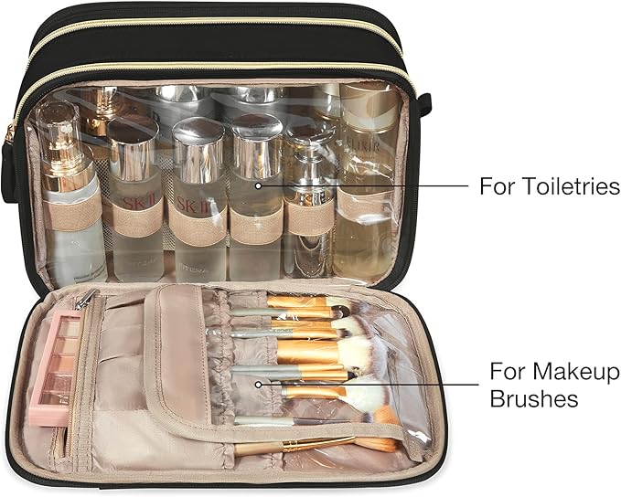 BAGSMART Toiletry Bag for Women, Large Toiletry Bag Water-resistant Makeup Cosmetic Organizer Bag Door Room Essentials for Accessories, Shampoo, Full Sized Container, Toiletries (Medium, Black)
