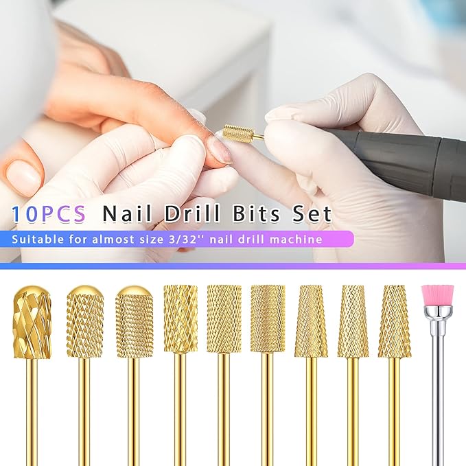 Honoson 10 Pcs Nail Drill Bits Set, 3/32 Inch Tungsten Carbide Bits for Nail Tech, File Remove Acrylic Gel Polish, Manicure Pedicure Tools for Salon Home Supplies(Gold)