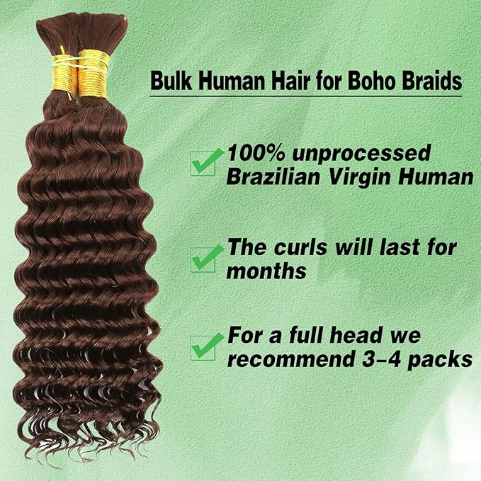 Human Braiding Hair for Boho Braids Human Hair 100g 16 Inch Curly Boho Hair for Braiding Knotless 12A Deep Wave Bohemian 2 Bundles/Pack Chocolate Brown