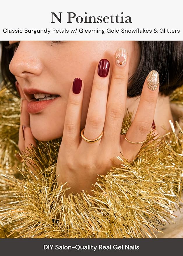 ohora Semi Cured Gel Nail Strips (N Poinsettia) - Red, Patterned, Works with Any UV/LED Lamps, Salon-Quality, Long Lasting, Easy to Apply & Remove - Includes 2 Prep Pads, Nail File & Wooden Stick