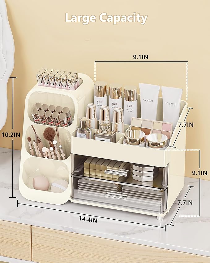 Makeup Organizer with Drawers, Skincare Organizer (Large Size Thick), Storage Box Cosmetic Display Cases, Make up Organizers for Vanity, Dresser, Desk, Kitchen, Countertop (cream)