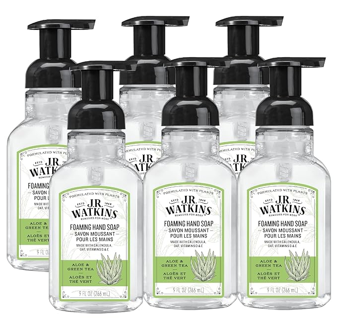 J.R. Watkins Foaming Hand Soap Pump with Dispenser, Moisturizing All Natural Hand Soap Foam, Alcohol-Free, Cruelty-Free, USA Made, Use as Kitchen or Bathroom Soap, Aloe & Green Tea, 9 fl oz, 6 Pack