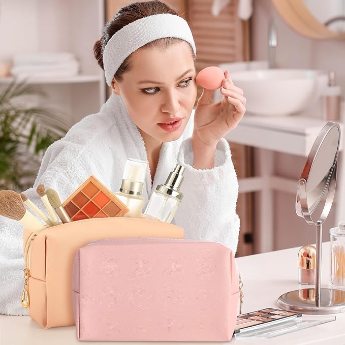 Sanwuta 9 Pcs Preppy Makeup Bag PU Leather Cosmetic Bag Makeup Pouch Plain Waterproof Toiletry Organizers for Traveling Preppy Travel Purse End of the Year Teacher Gifts Bulk(Pink Brown Series)