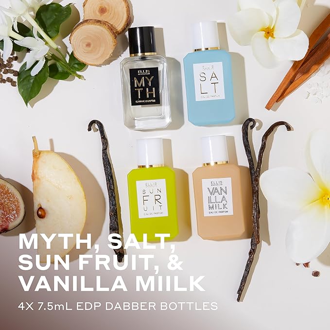 Ellis Brooklyn Chapters Mini Fragrance Gift Set – 4 x 7.5ml Eau de Parfum – Includes MYTH, SALT, SUN FRUIT & VANILLA MILK – Luxury Vegan & Cruelty-Free Perfume Gift Set