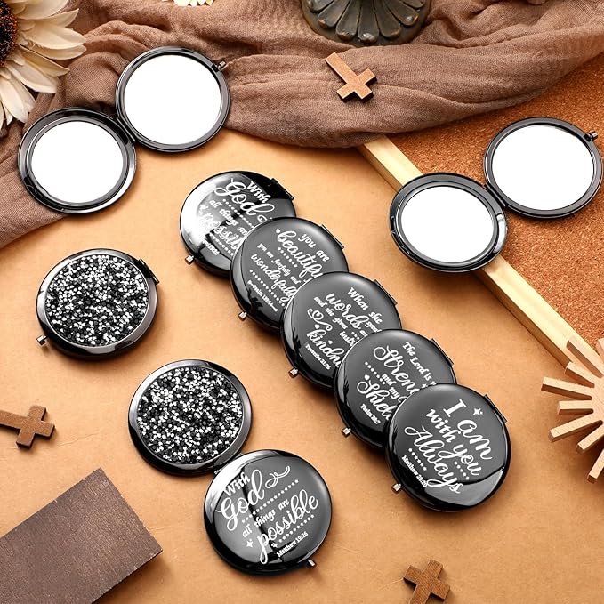 Thyle 12 Pcs Christian Compact Mirror Gifts for Women Bible Verse Bulk Hand Makeup Compact Purse Mirror Inspirational Religious Baptism Gift for Teacher Mother's Day Women Nurse(Black)