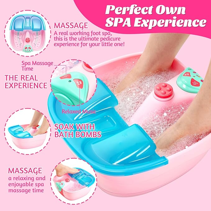 Kids Spa Day Kit for Girls,Girls Foot Spa with Nail Dryer & Bath Bombs,Kids Foot Spa with Music Foot Soak Tub & Nail Polish Set for Girls,Girls Toys Gifts for 6-12,Christmas Birthday Gifts