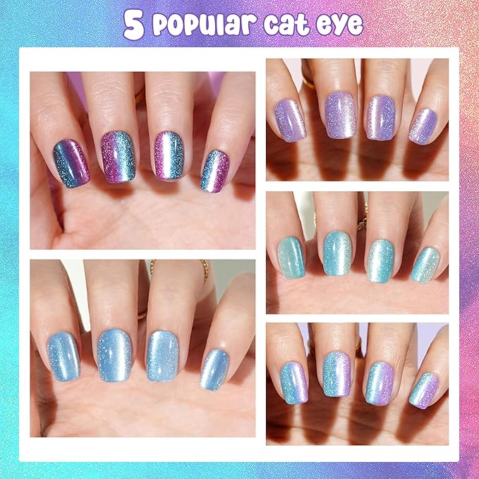 Press on Nails Short - 5 Styles Unique Two-color Ombre Cat Eye Press on Nails, Bt Art Box Press On Nails, Soft Gel x Coat Nails False Nails in 16 Sizes - 160 PCS Soft Glue On Nails Kit
