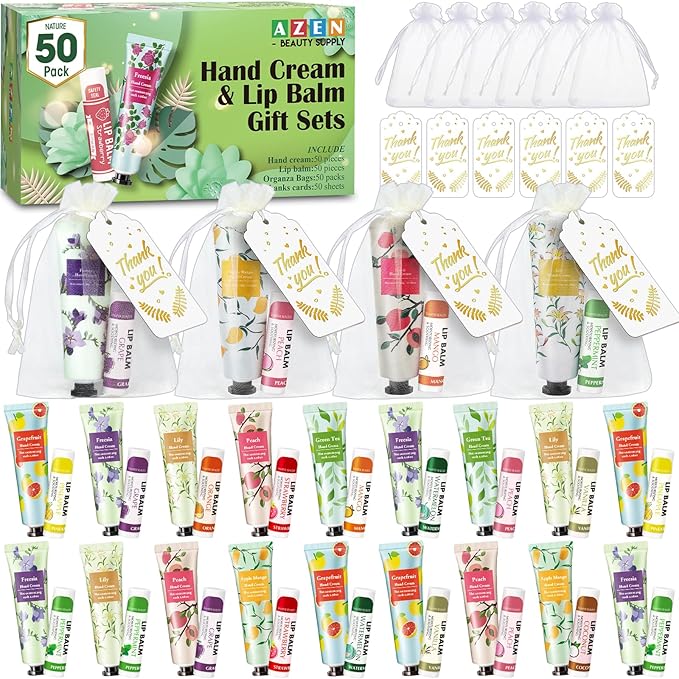 AZEN 50 Sets Hand Cream and Lip Balm Set with Organza Bag Thank You Card, Baby Shower Wedding Gifts for Guests, Bridal Souvenirs for Colleagues Employee Coworkers, Party Favor for Female Friends