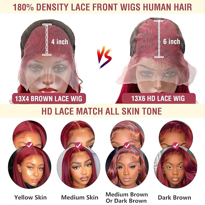 24 Inch 99J Burgundy Lace Front Wigs Human Hair 13x6 Straight Lace Frontal Wigs Human Hair Pre Plucked Wine Red Colored Straight Wigs Human Hair Red Human Hair Wigs for Women 200% Density