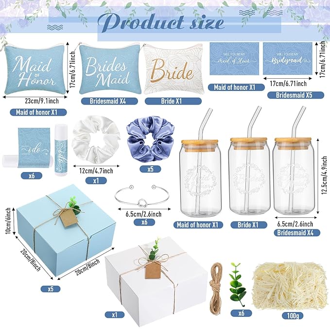 54 Pcs Bridesmaid Proposal Gifts Bridesmaid Box Set Include Bridal Shower Gift Box Makeup Bag Invited Card Glass Cup Lip Balm Scrunchie Hair Knotted Bracelet for Maid of Honor(Blue, White)